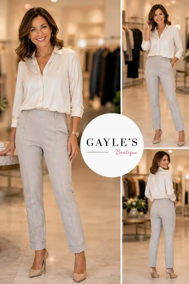up! Pants Linen Effect Techno Cropped Front Cuff Pant in Beige
