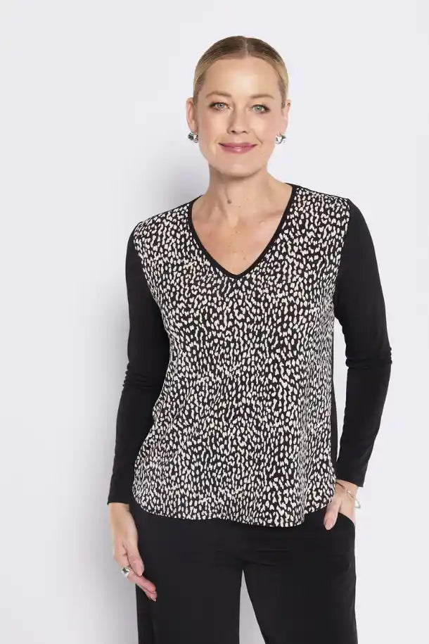 Philosophy Sprint Long Sleeve Spliced Tunic in Black and Animal Print